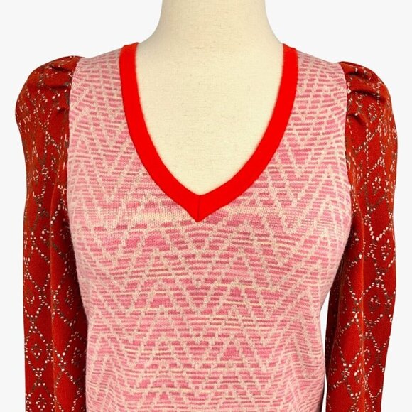 Anthropologie Cherie Puff Sleeved Pullover Sweater Size S V Neck Red Pink - Picture 2 of 8